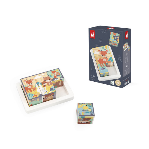 Barquette 6 Cubes Pure en bois, animaux, blocs, éveil motricité bébé, pour enfant à partir de 12 mois JANOD