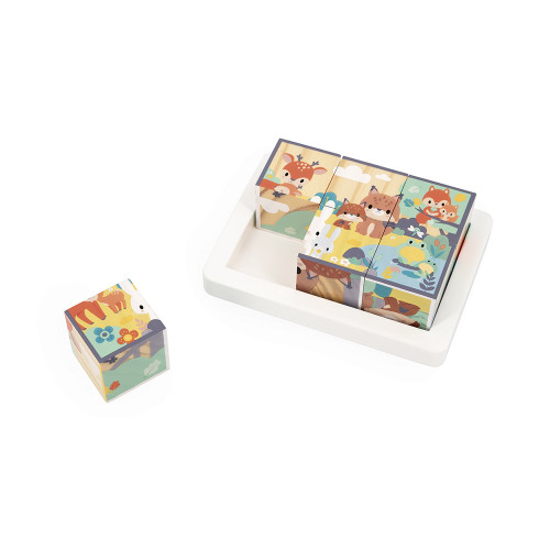 Barquette 6 Cubes Pure en bois, animaux, blocs, éveil motricité bébé, pour enfant à partir de 12 mois JANOD