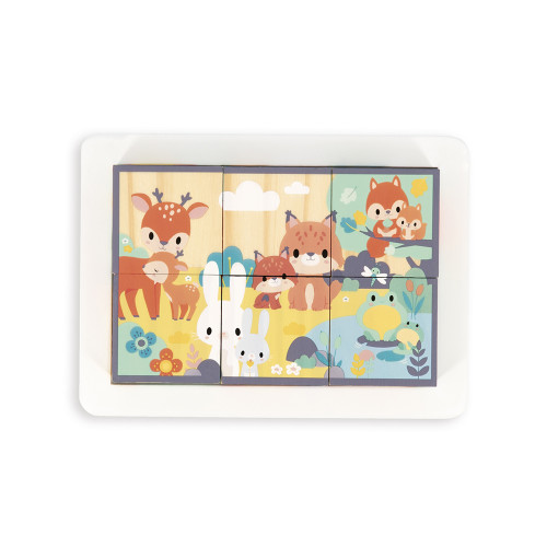 Barquette 6 Cubes Pure en bois, animaux, blocs, éveil motricité bébé, pour enfant à partir de 12 mois JANOD