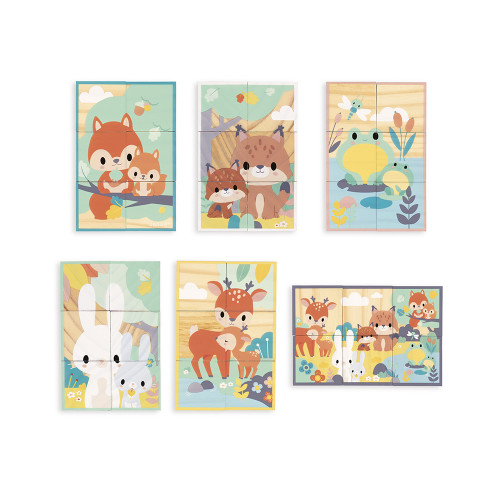 Barquette 6 Cubes Pure en bois, animaux, blocs, éveil motricité bébé, pour enfant à partir de 12 mois JANOD