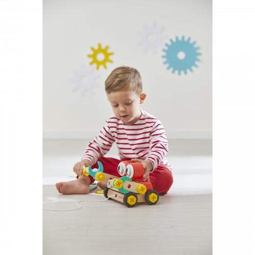 Robot en bois à construire et à promener 2 en 1, 48 pièces et 4 modèles, coloré, pour enfant dès 2 ans, JANOD