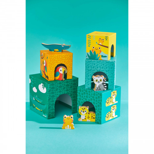5 cubes à empiler pour enfant dès 1 an avec 5 figurines en bois JANOD