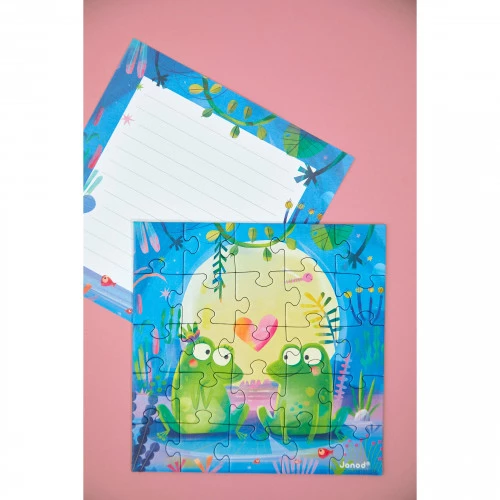 Carte puzzle en carton thème amour et grenouilles , 25 pièces JANOD