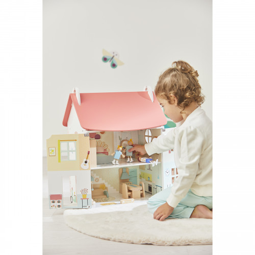 Maison de poupée en bois pour enfant dès 3 ans, colorée, 3 étages, 4 personnages et 11 pièces de mobilier incluses JANOD