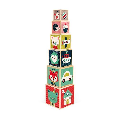 Pyramide 6 cubes Baby Forest en bois, éveil motricité bébé, animaux, chiffres, nombres, pour enfant à partir de 12 mois JANOD