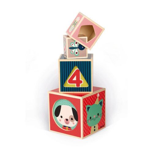 Pyramide 6 cubes Baby Forest en bois, éveil motricité bébé, animaux, chiffres, nombres, pour enfant à partir de 12 mois JANOD