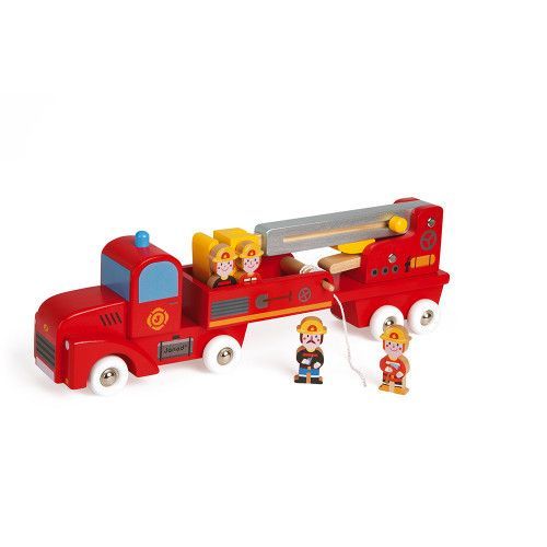 Story - Camion de Pompiers Géant en bois, véhicule, échelle, figurines, rouge, pour enfant à partir de 2 ans JANOD
