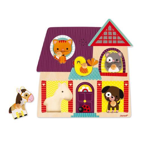 Puzzle musical Compagnons 5 pièces en bois, éveil sonore, animaux, motricité bébé, pour enfant à partir de 18 mois JANOD