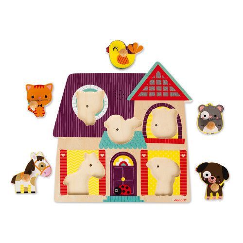 Puzzle musical Compagnons 5 pièces en bois, éveil sonore, animaux, motricité bébé, pour enfant à partir de 18 mois JANOD