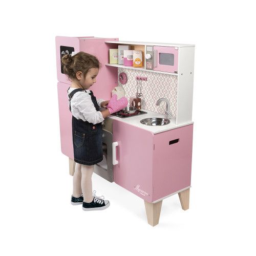 Maxi Cuisine Macaron en bois sonore lumineuse rose 15 accessoires enfant à partir de 3 ans