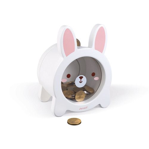 Tirelire Lapin en bois, transparente, décoration, blanche, magnétique, pour enfant à partir de 3 ans JANOD