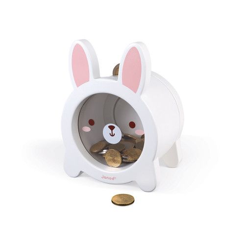 Tirelire Lapin en bois, transparente, décoration, blanche, magnétique, pour enfant à partir de 3 ans JANOD