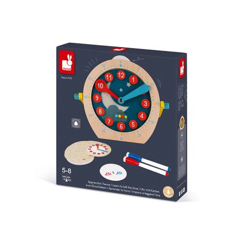 Apprendre l'heure - essentiel en bois, horloge, réveil, éducatif, 21 accessoires, poignée, pour enfant à partir de 5 ans JANOD