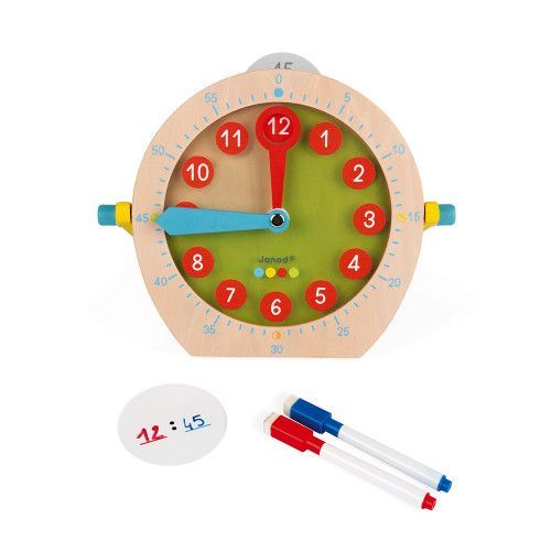 Apprendre l'heure - essentiel en bois, horloge, réveil, éducatif, 21 accessoires, poignée, pour enfant à partir de 5 ans JANOD