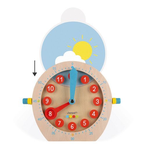 Apprendre l'heure - essentiel en bois, horloge, réveil, éducatif, 21 accessoires, poignée, pour enfant à partir de 5 ans JANOD