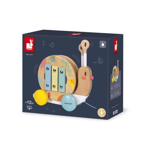 Janod Pure Pull Along Snail - Wooden 2-in1 Musical Toy - Ages 1+ - J05159