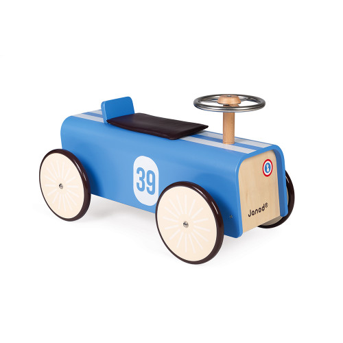 Porteur voiture en bois, vintage, trotteur, motricité équilibre, bleu, pour enfant à partir de 2 ans JANOD