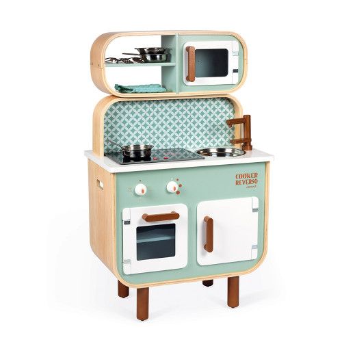 Cuisine double face Cooker Reverso en bois sonore et lumineuse design 8 accessoires pour enfant à partir de 3 ans