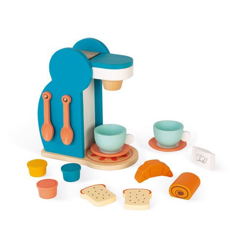 Set du petit déjeuner en bois, dinette, cuisine, imitation, 14 accessoires, machine à café, pour enfant à partir de 3 ans JANOD