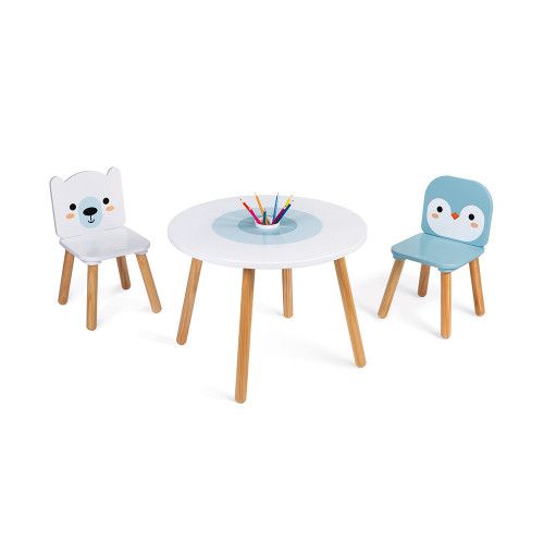 Table et 2 chaises Banquise en bois, meuble décoration, bureau chambre, dessin, animaux, pour enfant à partir de 3 ans JANOD