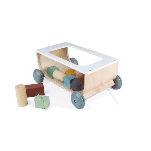 Chariot de Cubes Sweet Cocoon en bois, jouet à promener, à tirer, blocs, éveil motricité bébé, pour enfant dès 18 mois JANOD