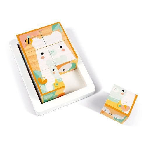 Barquette 6 Cubes Pure en bois, animaux, blocs, éveil motricité bébé, pour enfant à partir de 12 mois JANOD