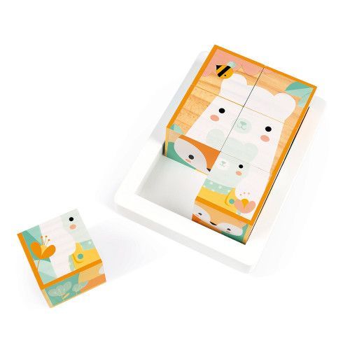 Barquette 6 Cubes Pure en bois, animaux, blocs, éveil motricité bébé, pour enfant à partir de 12 mois JANOD