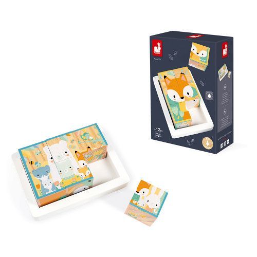 Barquette 6 Cubes Pure en bois, animaux, blocs, éveil motricité bébé, pour enfant à partir de 12 mois JANOD