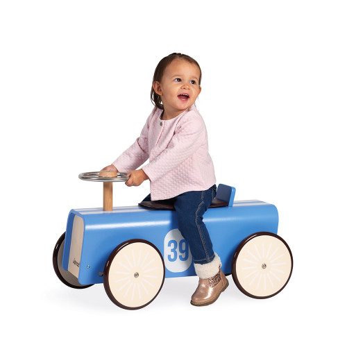 Porteur voiture en bois, vintage, trotteur, motricité équilibre, bleu, pour enfant à partir de 2 ans JANOD