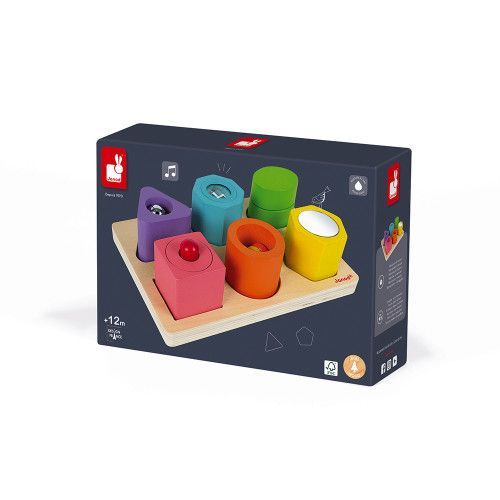Puzzle 6 cubes sensoriels en bois, motricité éveil toucher, multicolore, pour enfant à partir de 12 mois JANOD