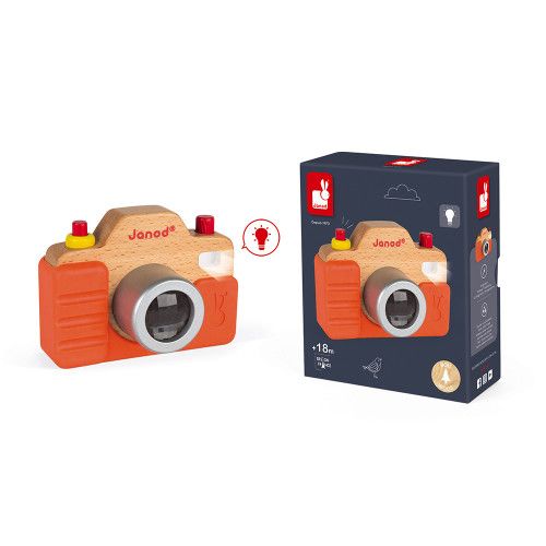 Appareil Photo Sonore en bois et silicone, imitation, éveil sonore musical, caméra, orange, pour enfant dès 18 mois JANOD