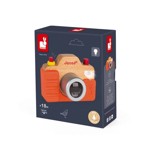 Appareil Photo Sonore en bois et silicone, imitation, éveil sonore musical, caméra, orange, pour enfant dès 18 mois JANOD