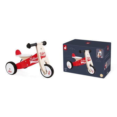 Porteur Little Bikloon Rouge et Blanc en bois, motricité éveil, trotteur, draisienne enfant à partir de 12 mois JANOD