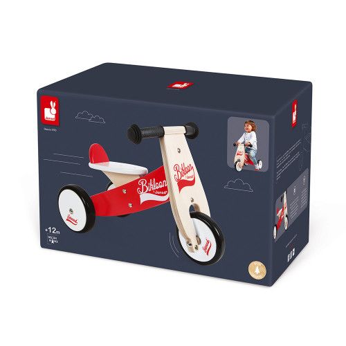 Porteur Little Bikloon Rouge et Blanc en bois, motricité éveil, trotteur, draisienne enfant à partir de 12 mois JANOD