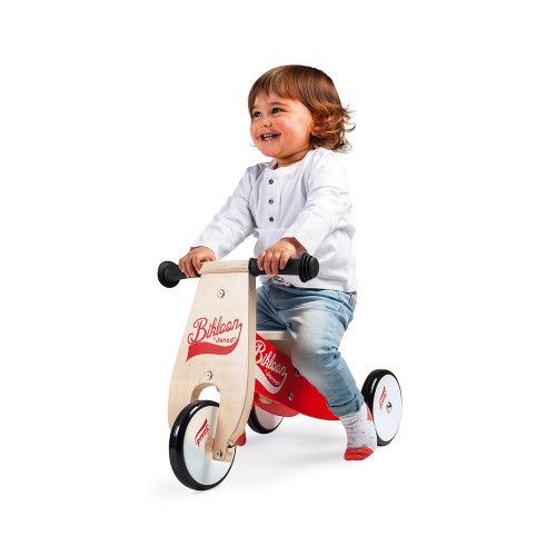 Porteur Little Bikloon Rouge et Blanc en bois, motricité éveil, trotteur, draisienne enfant à partir de 12 mois JANOD