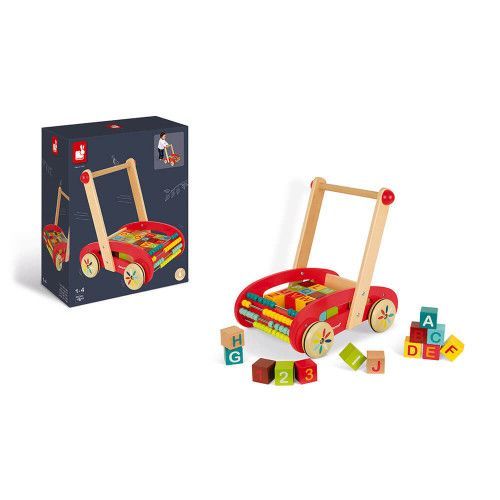 Chariot ABC Buggy Tatoo - 30 cubes en bois, marche, éveil motricité, boulier, pour enfant à partir de 12 mois JANOD