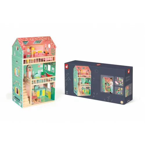 Maison de poupées Happy Day en bois, 12 accessoires, 3 étages, pour enfant à partir de 3 ans JANOD