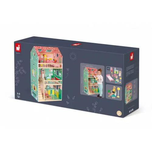 Maison de poupées Happy Day en bois, 12 accessoires, 3 étages, pour enfant à partir de 3 ans JANOD