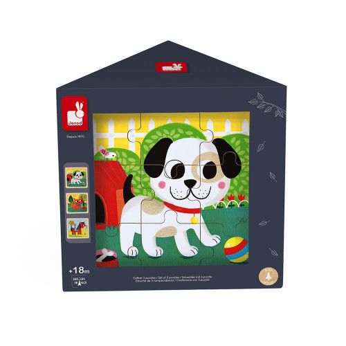 Puzzle Janod bois bébé - Set 3 puzzles animaux Ferme, pour bébé 18 mois -  Janod