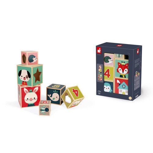 Pyramide 6 cubes Baby Forest en bois, éveil motricité bébé, animaux, chiffres, nombres, pour enfant à partir de 12 mois JANOD