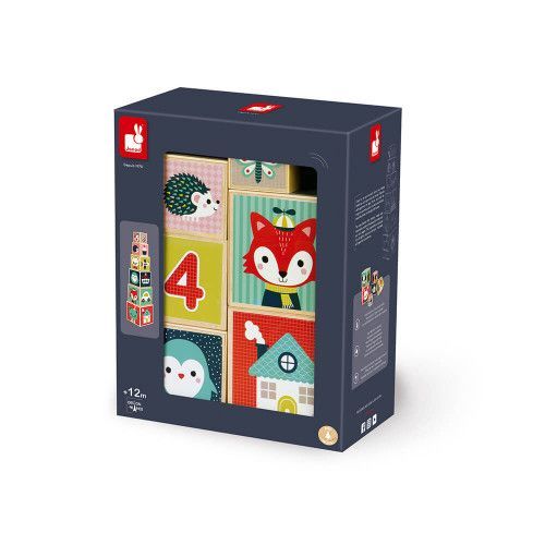 Pyramide 6 cubes Baby Forest en bois, éveil motricité bébé, animaux, chiffres, nombres, pour enfant à partir de 12 mois JANOD