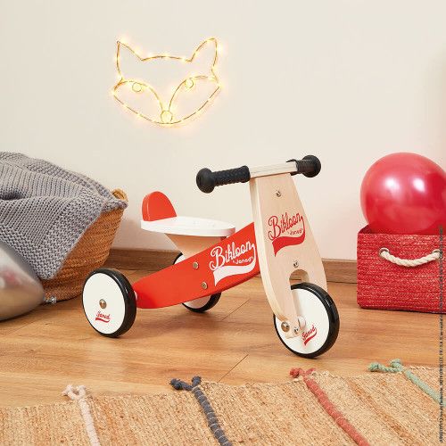 Porteur Little Bikloon Rouge et Blanc en bois, motricité éveil, trotteur, draisienne enfant à partir de 12 mois JANOD