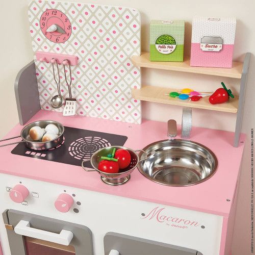 Cuisine Macaron en bois rose blanc 5 accessoires pour enfant à partir de 3 ans