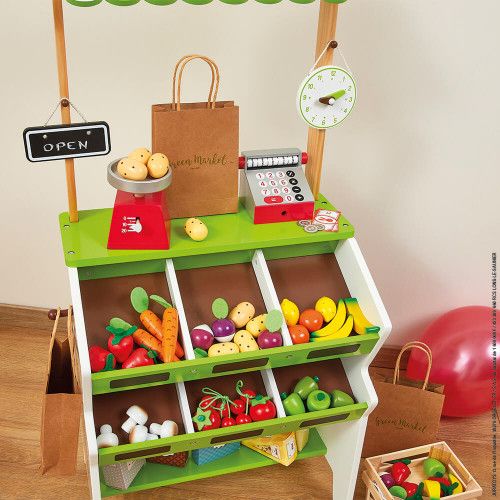 Épicerie Green Market en bois 32 accessoires marchande vert blanc pour enfant à partir de 3 ans