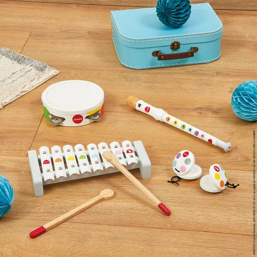 Gamme Sunshine - Set Musical Bois - Xylophone, Tambourin, Castagnettes,  Flûte - Couleurs Douces, Janod de Janod