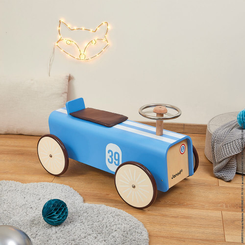 Porteur voiture en bois, vintage, trotteur, motricité équilibre, bleu, pour enfant à partir de 2 ans JANOD