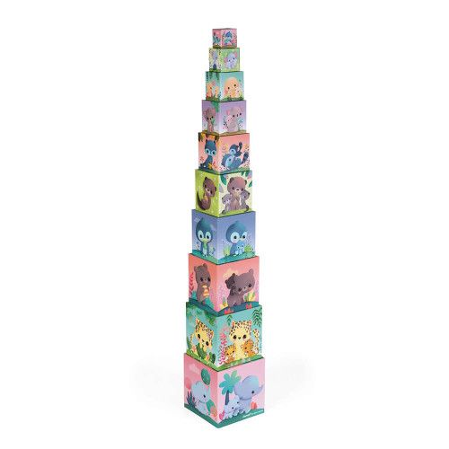 Pyramide Carrée les Animaux tous mignons, cubes en carton, éveil motricité manipulation bébé, pour enfant dès 12 mois JANOD