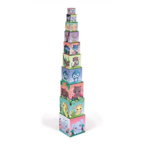 Pyramide Carrée les Animaux tous mignons, cubes en carton, éveil motricité manipulation bébé, pour enfant dès 12 mois JANOD