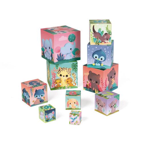 Pyramide Carrée les Animaux tous mignons, cubes en carton, éveil motricité manipulation bébé, pour enfant dès 12 mois JANOD