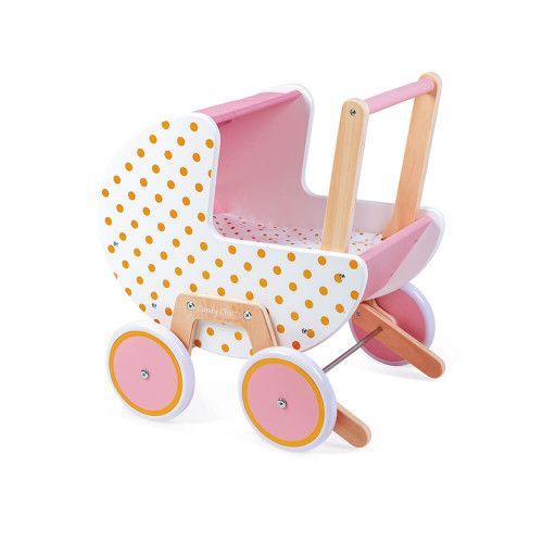 Landau Candy Chic en bois, rose et blanc, poussette, éveil marche, poupon et poupée, pour enfant dès 18 mois JANOD